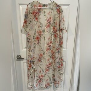 American Eagle Floral Kimono Cardigan Sheer Boho Duster Cover Up M/L